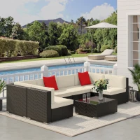 Outsunny 7 Pieces Patio Sofa Outdoor Wicker Sectional Patio Furniture, Dark Brown & Beige(m-9)