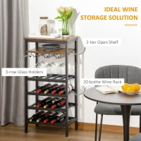 HOMCOM Freestanding Wine Rack, 20-bottle Wine Bar Cabinet, Barker's Rack with Glass Holders and Bottle Storage, Rustic Brown(m-4)