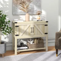 HOMCOM Farmhouse Kitchen Storage Cabinet, Free Standing Sideboard Console Table with Barn Doors, Bottom Shelf, Oak(m-1)