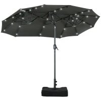 Outsunny 10ft Double-sided Patio Umbrella with Solar Lights and Sandbag Base, Outdoor Umbrella with Push Button Tilt, Crank, Air Vents for Garden, Backyard, Deck, Pool, Market, Gray(m-1)