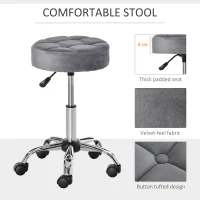 HOMCOM Round Rolling Stool with Height Adjustable Lift, Vanity Chair with Luxury Style Upholstery, Office Chair with Swivel Seat and Wheels for Work Spa Salon, Grey(m-6)