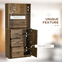 HOMCOM Kitchen Buffet and Hutch Storage Pantry Cupboard with Sliding Door,4 Adjustable Shelves,3 Drawers, Microwave Cabinet for Dining Room, Living Room, Entryway, Walnut(m-5)