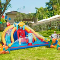 Outsunny 5-in-1 Inflatable Water Slide, Rocket Themed Kids Castle Bounce House with Slide, Pool, Water Cannon, Basket, Climbing Wall Includes Carry Bag, Repair Patches, 750W Air Blower(m-2)