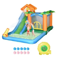 Outsunny Large Bounce House w/ Inflatable Water Slide, Summer Theme Jumping Castle w/ Trampoline, Water Pool, Climbing Wall, 450W Air Blower for Kids Age 3-8(m-2)