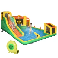Outsunny 7-in-1 Inflatable Water Slide Kids Bounce House Water Park with Trampoline Pool, Carry Bag 450W Air Blower(m-1)