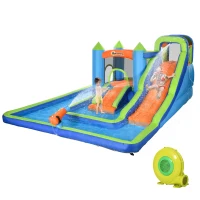 Outsunny 5 in 1 Kids Bounce House with Double Slides Pool Trampoline Climbing Wall Water Cannon, Inflatable Bouncy Castle Outdoor with Blower Carrying Bag, for 3-8 Years Old(m-2)