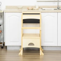 Qaba Kids Kitchen Helper Foldable Step Stool Toddler Kitchen Stool with Blackboard Lockable Handrail for 3-6 Years old Natural(m-9)