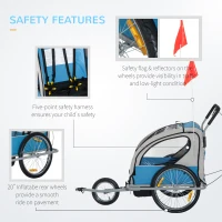 Aosom Elite Three-Wheel Bike Trailer for Kids Bicycle Cart for Two Children with 2 Security Harnesses & Storage, Blue(m-6)