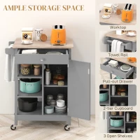 HOMCOM Modern Rolling Kitchen Island Cart with Drawer, Natural Wood Top, Towel Rack, Door Storage Cabinet, Grey(m-4)