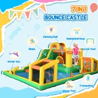 Outsunny 7-in-1 Inflatable Water Slide Kids Bounce House Water Park with Trampoline Pool, Carry Bag 450W Air Blower(m-4)