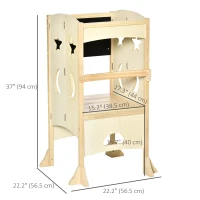 Qaba Kids Kitchen Helper Foldable Step Stool Toddler Kitchen Stool with Blackboard Lockable Handrail for 3-6 Years old Natural(m-3)