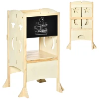 Qaba Kids Kitchen Helper Foldable Step Stool Toddler Kitchen Stool with Blackboard Lockable Handrail for 3-6 Years old Natural(m-2)