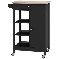 HOMCOM Modern Rolling Kitchen Island Cart with Drawer, Natural Wood Top, Towel Rack, Door Storage Cabinet, Black(m-2)