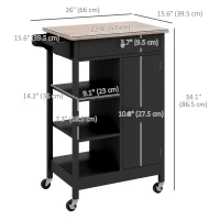 HOMCOM Modern Rolling Kitchen Island Cart with Drawer, Natural Wood Top, Towel Rack, Door Storage Cabinet, Black(m-3)