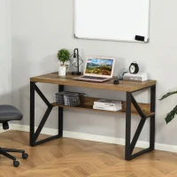 HOMCOM 47 Inch Industrial Writing Desk with Storage Shelf, Computer Desk with K-Shaped Steel Frame and Adjustable Footpads for Office, Black/Brown(m-2)