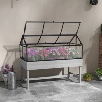 Outsunny Wood Elevated Planter Box with Cold Frame Greenhouse, Raised Garden Bed for Vegetables, Flowers, Herbs, Distressed Grey(m-1)