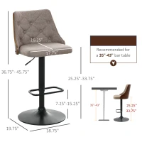 HOMCOM Counter Height Bar Stools Set of 2, Height Adjustable Swivel Barstools with Footrest and Tufted Back, Linen Fabric Bar Chairs, Brown(m-3)