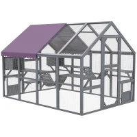 PawHut 9.2' Outdoor Catio Enclosure with Condos & Canopy, Spacious Cat House, Weather-Resistant, Gray(m-10)