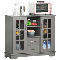 HOMCOM Modern Kitchen Sideboard with 2 Drawers, Coffee Bar Cabinet with Glass Doors Storage Cupboard and Open Shelf, Grey(m-2)