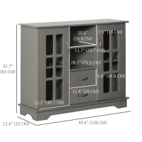 HOMCOM Modern Kitchen Sideboard with 2 Drawers, Coffee Bar Cabinet with Glass Doors Storage Cupboard and Open Shelf, Grey(m-3)