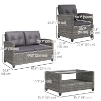 Outsunny 4 Piece Rattan Patio Furniture Set w/ Glass Table Top, Cushions for Backyard, Garden, Poolside, Deck, Charcoal Grey(m-3)