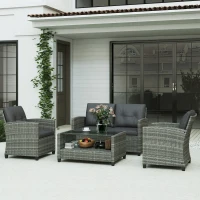 Outsunny 4 Piece Rattan Patio Furniture Set w/ Glass Table Top, Cushions for Backyard, Garden, Poolside, Deck, Charcoal Grey(m-1)