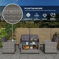 Outsunny 4 Piece Rattan Patio Furniture Set w/ Glass Table Top, Cushions for Backyard, Garden, Poolside, Deck, Charcoal Grey(m-4)