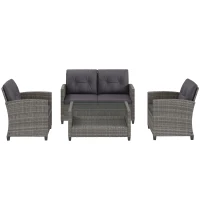 Outsunny 4 Piece Rattan Patio Furniture Set w/ Glass Table Top, Cushions for Backyard, Garden, Poolside, Deck, Charcoal Grey(m-2)