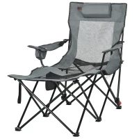 Outsunny Outdoor Folding Chaise Lounge Chair with Reclining Back, Headrest, Cup Holder, Carry Bag for Patio, Camping, Grey(m-2)