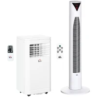HOMCOM 8000 BTU Portable Air Conditioner and Tower Fan Set, 344 Sq. Ft., 3-in-1 Portable AC Unit and Floor Fan with Timer On/off, Remote, Window Kits, White(m-2)