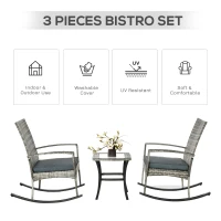 Outsunny 3 Pieces Patio Wicker Rocking Chair Set,  Outdoor PE Rattan Bistro Set Conversation Rocker Set with 2 Chairs 1 Coffee Table for Backyard, Deck, Poolside, Grey(m-7)
