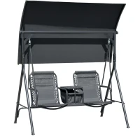Outsunny 2-Seat Outdoor Porch Swing, with Pivot Storage Table, Cup Holder, & Adjustable Overhead Canopy, Stand's Skid-Resistant Feet Pad, Breathable Mesh Seat, Steel Frame, for Patio, Black(m-12)