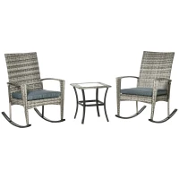 Outsunny 3 Pieces Patio Wicker Rocking Chair Set,  Outdoor PE Rattan Bistro Set Conversation Rocker Set with 2 Chairs 1 Coffee Table for Backyard, Deck, Poolside, Grey(m-2)