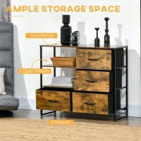 HOMCOM Living Room Storage Cabinet, Industrial Accent Cabinet with 4 Fabric Bins, 2 Open Shelves for Living Room, Rustic Brown(m-4)
