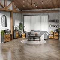 HOMCOM Living Room Storage Cabinet, Industrial Accent Cabinet with 4 Fabric Bins, 2 Open Shelves for Living Room, Rustic Brown(m-1)