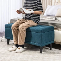 HOMCOM Storage Ottoman, Linen Fabric End of Bed Bench with Button Tufted Storage Bench for Bedroom, Blue(m-1)