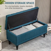 HOMCOM Storage Ottoman, Linen Fabric End of Bed Bench with Button Tufted Storage Bench for Bedroom, Blue(m-4)