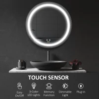 kleankin 28-Inch Lighted Bathroom Mirror for Wall, Dimmable LED Mirror with Memory Function, Round Mirror for Wall Decor(m-4)