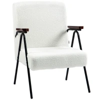 HOMCOM Modern Armchair, Upholstered Teddy Fleece Accent Chair with Wood Arms and Steel Frame for Living Room, Bedroom, White(m-2)
