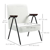 HOMCOM Modern Armchair, Upholstered Teddy Fleece Accent Chair with Wood Arms and Steel Frame for Living Room, Bedroom, White(m-3)