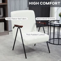 HOMCOM Modern Armchair, Upholstered Teddy Fleece Accent Chair with Wood Arms and Steel Frame for Living Room, Bedroom, White(m-4)