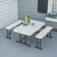 Outsunny 40" Folding Picnic Table Set, 2 Benches, 3-Piece Outdoor German Style Biergarten Foldable Beer Table, Lightweight Plastic, White(m-7)