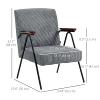 HOMCOM Modern Armchair, Upholstered Corduroy Accent Chair with Wood Arms and Steel Frame for Living Room, Bedroom, Grey(m-3)