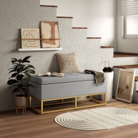 HOMCOM Flip Top Storage Ottoman, Upholstered Storage Bench, Linen Fabric Footstool for Living Room, Bedroom, Grey