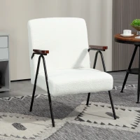 HOMCOM Modern Armchair, Upholstered Teddy Fleece Accent Chair with Wood Arms and Steel Frame for Living Room, Bedroom, White(m-1)