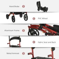 HOMCOM Aluminum Upright Walker with 10'' Wheels, Seat and Backrest, Folding Rollator Walker with Storage Bag, Red(m-6)