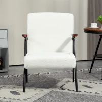 HOMCOM Modern Armchair, Upholstered Teddy Fleece Accent Chair with Wood Arms and Steel Frame for Living Room, Bedroom, White(m-6)