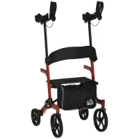 HOMCOM Aluminum Upright Walker with 10'' Wheels, Seat and Backrest, Folding Rollator Walker with Storage Bag, Red(m-2)