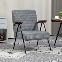 HOMCOM Modern Armchair, Upholstered Corduroy Accent Chair with Wood Arms and Steel Frame for Living Room, Bedroom, Grey(m-1)