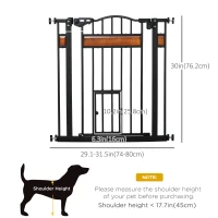 PawHut 29.1''-31.5'' Extra Wide Dog Gate with Cat Door with Stair Pressure Fit, Auto Close, Double Locking, for Doorways, Hallways, Stairs, Black(m-3)